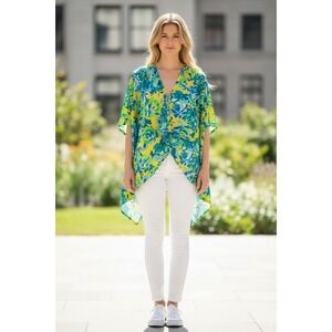 Christian Siriano Kimono Women 2X/3X Yellow‎ Blue Garden Floral Sunburst